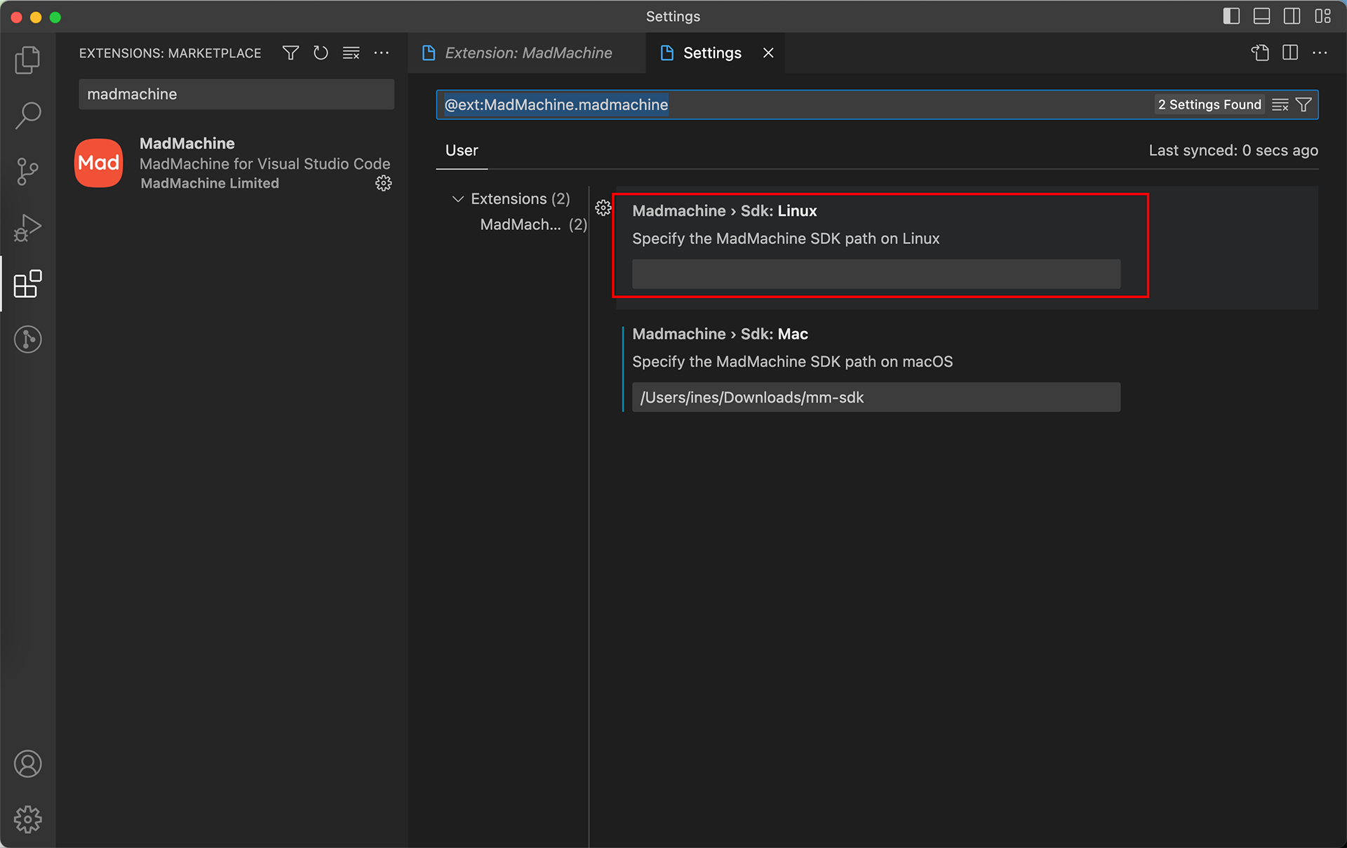 Indicate the path of sdk on Linux.