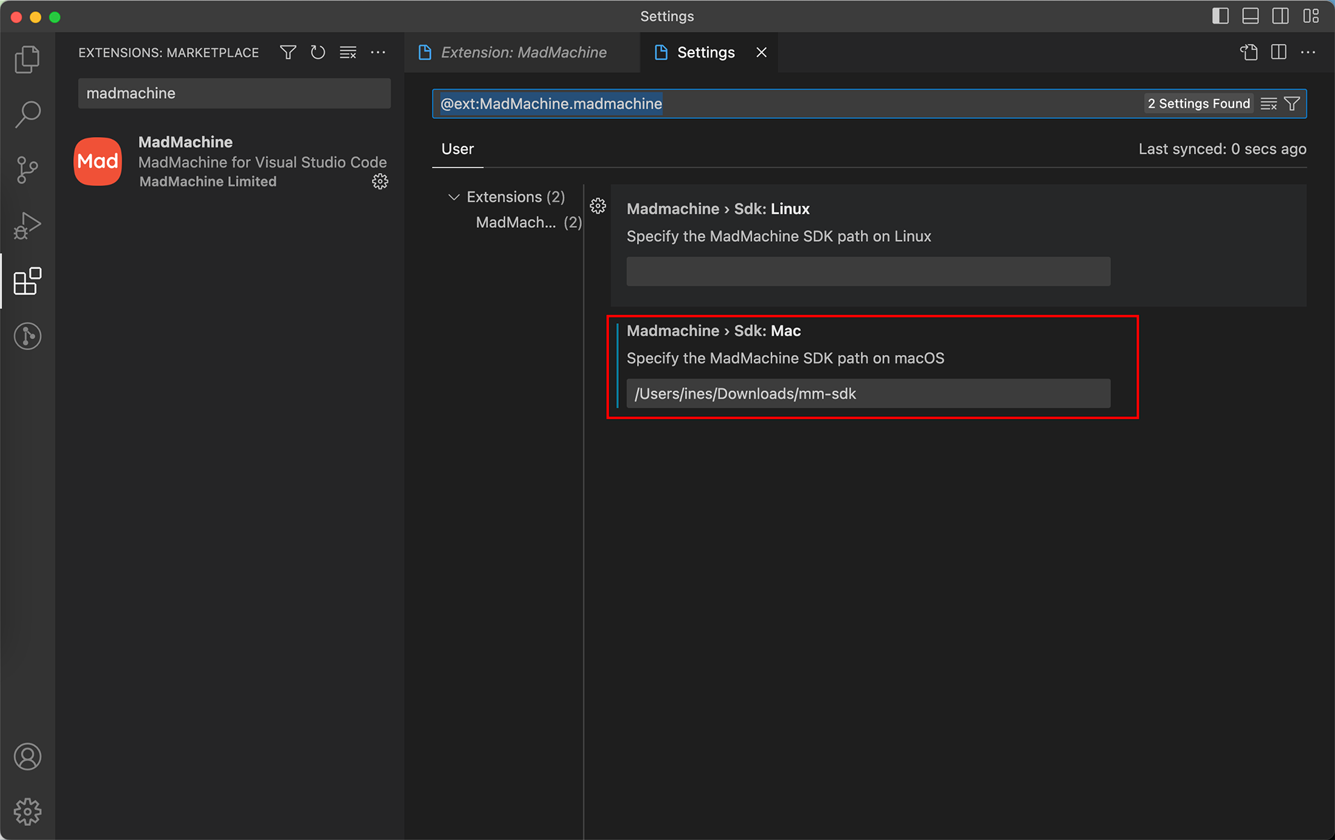 Indicate the path of sdk on macOS.